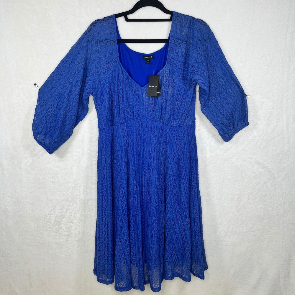 Torrid Women's Blue‎ Lace 3/4 Sleeve Fit & Flare Mini Dress Plus Size L